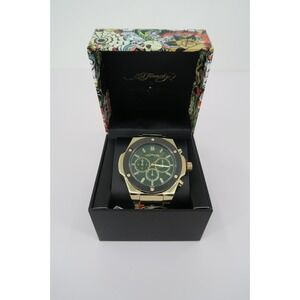 Ed Hardy Mens Chronograph Watch Gold Tone Green Dial Stainless Steel with Box